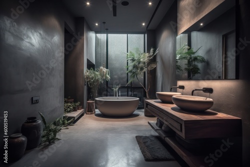 Luxurious Japandi-inspired Bathroom with Scandinavian Touches and Natural Elements freestanding bathtub and luxurious fixtures..