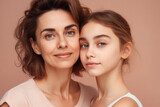Cheerful woman and young girl looking at camera. Mother and daughter portrait on pink background. Good relationship between mom and child in the family. Created with Generative AI