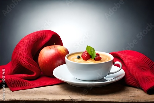 ad style capuccino & an apple with a red scarf around for advertising created with Generative AI technology	