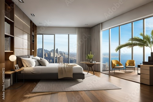 a modern living room with two great views on the city and the beach