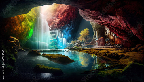 Crystall Cave Inside the Mountain Waterfalls Are Falling in Sunbeams Are Touching The Water and Crystals and Reflct the Light AI Generative