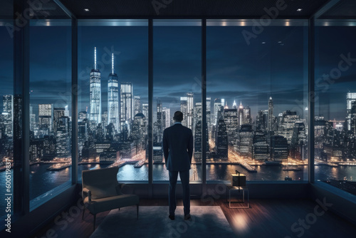 Successful businessman looking out from window on night city. Man in office at night. Created with Generative AI