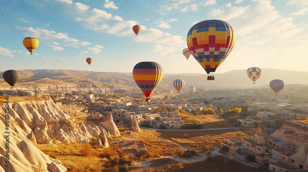 Colorful hot air balloons flying over Cappadocia. Generative Ai