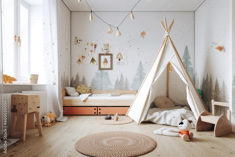 Φωτογραφία Child room in scandinavian style with natural colors and wooden furniture