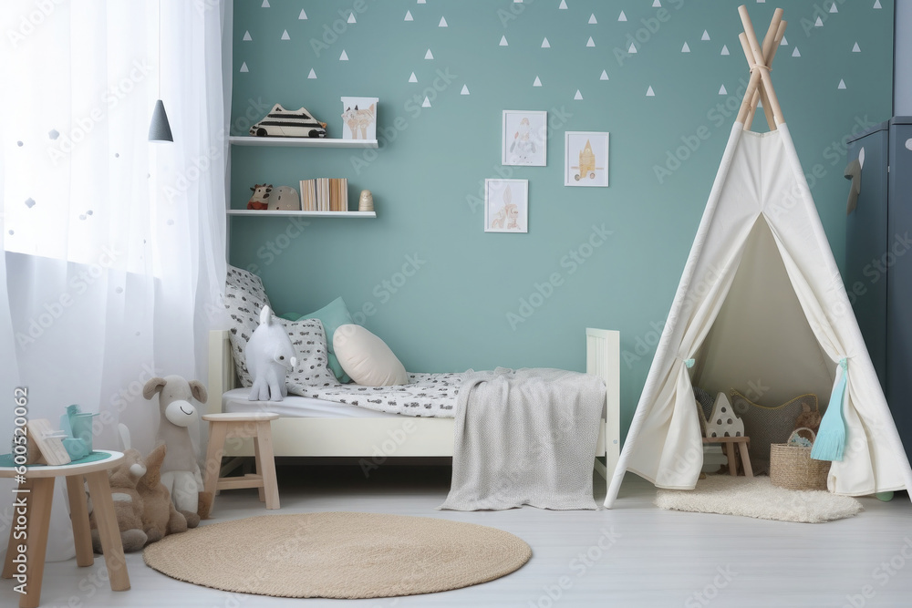 Φωτογραφία Child room in scandinavian style with natural colors and wooden furniture