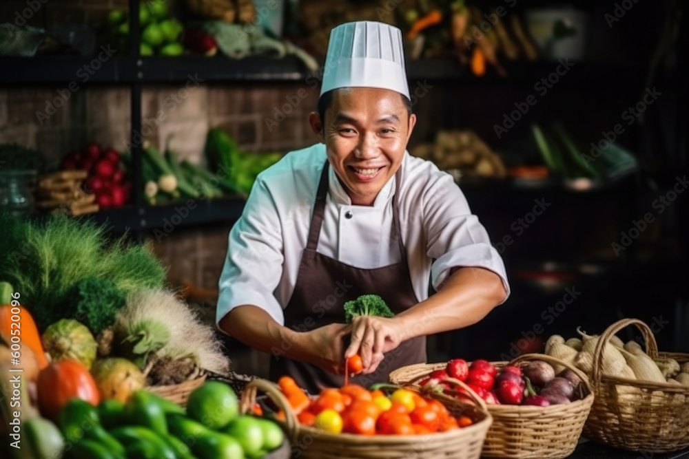 Asian chef wearing uniform choosing fresh vegetables at food market. Organic products of highest quality for cooking in restaurant. Created with Generative AI Asian chef wearing uniform choosing fresh vegetables at food market. Organic products of highest quality for cooking in restaurant. Created with Generative AI