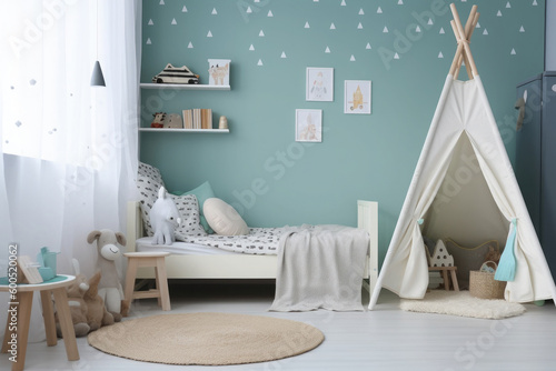 Child room in scandinavian style with natural colors and wooden furniture. Interior of cozy kids bedroom. Created with Generative AI © Lazy_Bear