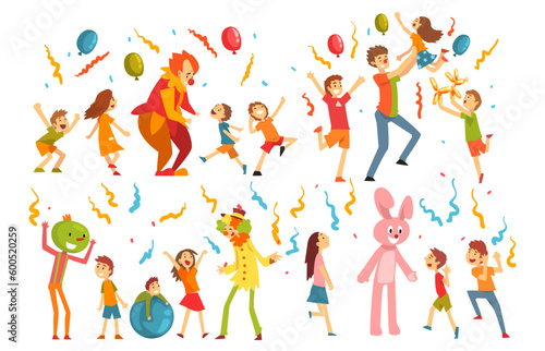 Holiday Party Actor or Entertainer Wearing Costume of Bunny and Clown Playing with Kids Vector Set