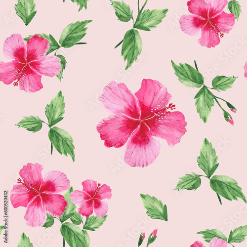 Seamless watercolor pattern with exotic tropical flowers, hibiscus. Botanical illustration isolated on pink background. Can be used for fabric prints, gift wrapping paper, kitchen textile.