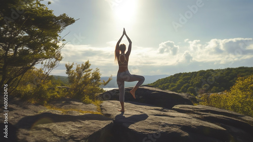 Young woman practicing yoga in the nature, landscape nature background. Generative Ai