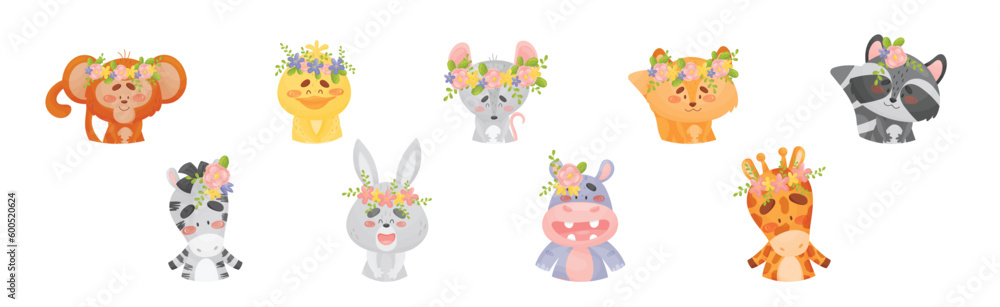 Fototapeta premium Cartoon Animals with Flower Decoration on Their Heads Vector Set