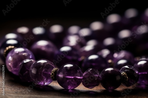 A close-up of amethyst gemstones, necklace or bracelet, with a focus on the unique and deep purple color. Concept luxury and elegance. Generative AI