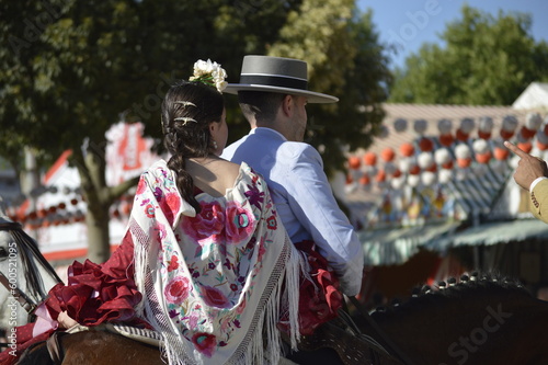 A couple dressed with the typical costumes of the world famous 'Feria de abril' of Seville,  Spain 
