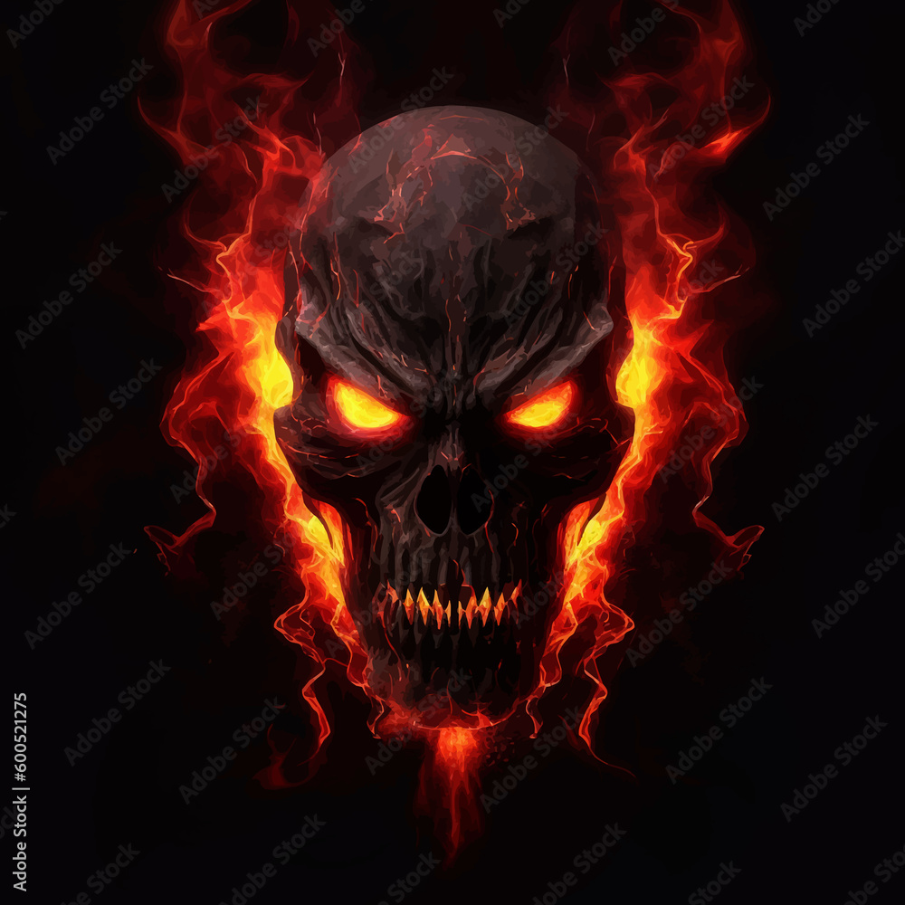Devil skull with red fire flames. Fantasy monster. Head of The Fire Demon. Lord of Hell. The Eyes of Satan. Isolated on black. 3d Digital illustration Devil skull with red fire flames. Fantasy monster. Head of The Fire Demon. Lord of Hell. The Eyes of Satan. Isolated on black. 3d Digital illustration