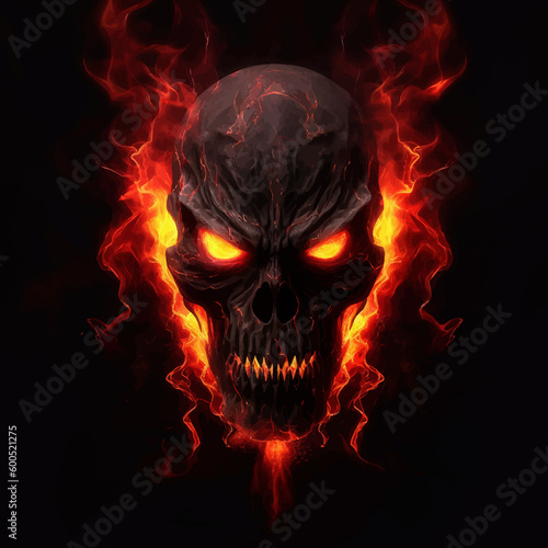 Devil skull with red fire flames. Fantasy monster. Head of The Fire Demon. Lord of Hell. The Eyes of Satan. Isolated on black. 3d Digital illustration