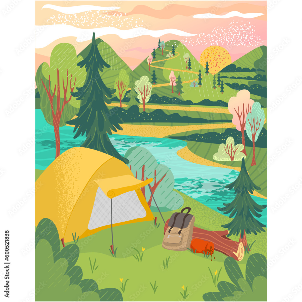 Camp tent vector forest mountain landscape design