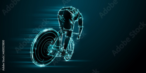 Abstract silhouette of a road bike racer, man is riding on sport bicycle isolated on black background. Cycling sport transport. 3d render