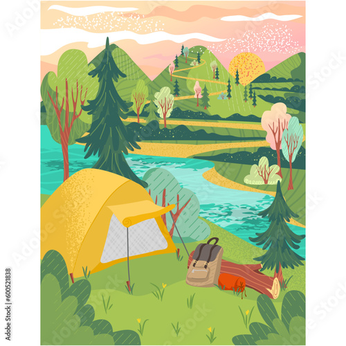 Camp tent vector forest mountain landscape design