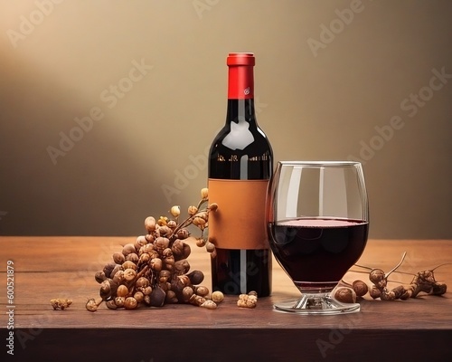 A bottle of red wine with a corkscrew resting next to it