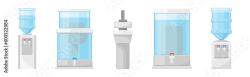 Dispenser or Water Cooler with Filter for Drinking Purified Water Vector Set