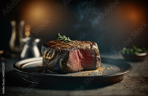 Steak. Steak on a plate. Piece of meat with greens on the table © Ksenia