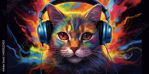 Unearthly Multi-Colored Cat In Headphones Listens To Music. The Concept Of Emotions From Music And Melomania. Created with generative AI tools