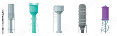 Elevated Water Tower or Tank Made of Metal for Storing Water Vector Set