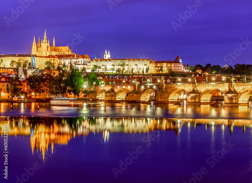 Prague castle and Charles bridge at night, Czech Republic