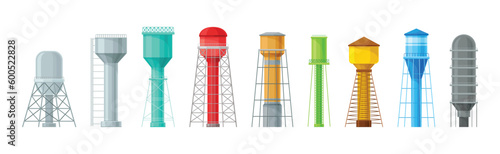 Elevated Water Tower or Tank Made of Metal for Storing Water Vector Set