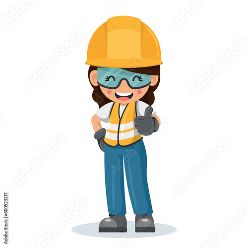 Woman industrial construction worker wearing personal protective equipment giving a thumbs up. Engineer with safety helmet. Industrial safety and occupational health at work