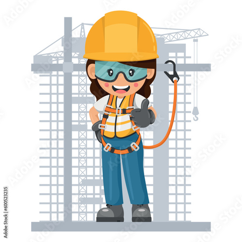 Industrial construction woman worker with personal protective equipment, safety harness and lifeline on a scaffold. Industrial safety and occupational health at work