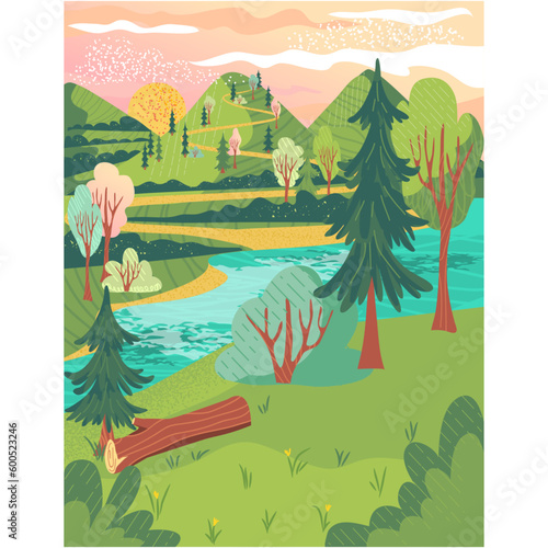 Forest nature landscape with river flat vector