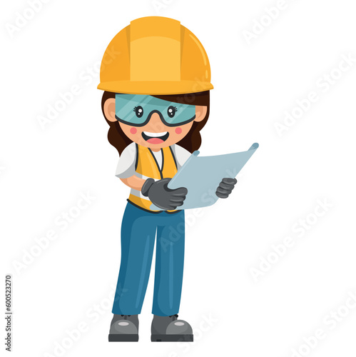 Woman construction engineer, woman architect supervises the construction plans of the work. Industrial worker with her personal protective equipment. Industrial safety and occupational health at work