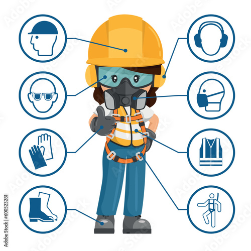Industrial construction worker woman with personal protective equipment and safety icons, pictograms. Industrial safety and occupational health at work