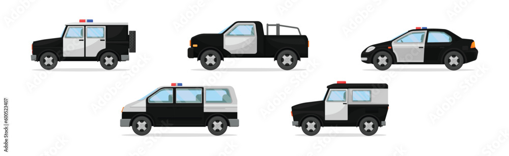 Police Car or Radio Motor Patrol Vehicle with Siren Vector Set