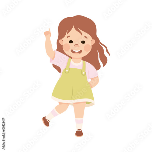 Smiling Girl Character Pointing at Something with Her Finger Vector Illustration