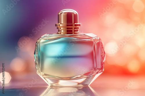 Close up of luxury perfume bottle with blurry bokeh light background, fragrance branding product for mock up, packaging design with Generative Ai.