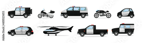Police Car or Radio Motor Patrol Vehicle with Siren Vector Set