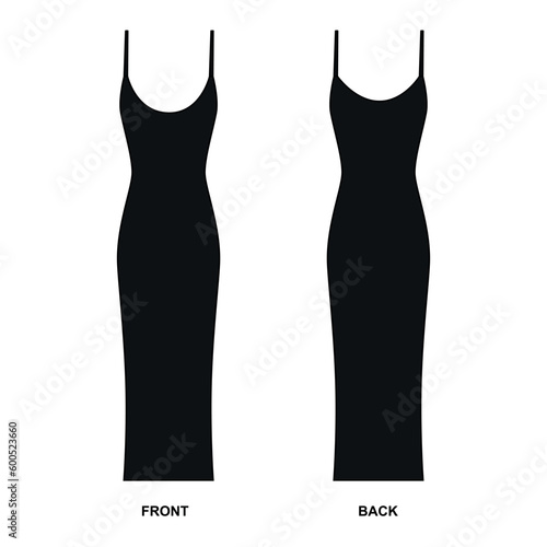 Vector drawing of a fashionable, long, black dress with a deep neckline. Sketch of a fitted evening dress with straps. Jersey dress dress template front and back view.