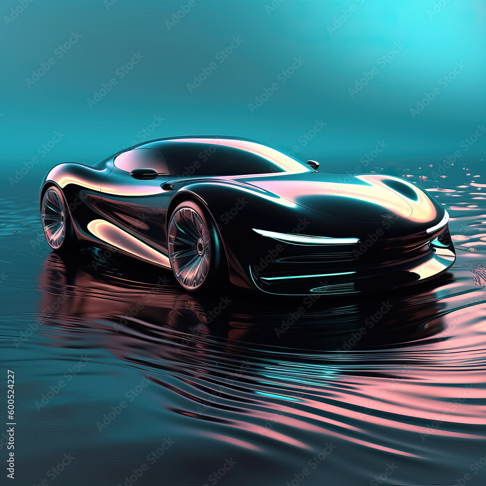 Beautiful futuristic black 3D car on an iridescent background, Generative AI illustration