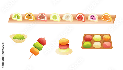 Japanese dessert Mochi. Mochi with different fillings. Mochi in a box. Mochi on a stick. Japanese traditional food vector illustration.
 Vector illustration.
