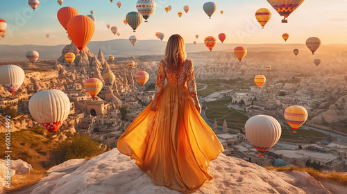 Young beautiful woman wearing elegant long dress in front of Cappadocia landscape at sunshine with balloons in the air. Generative Ai photo