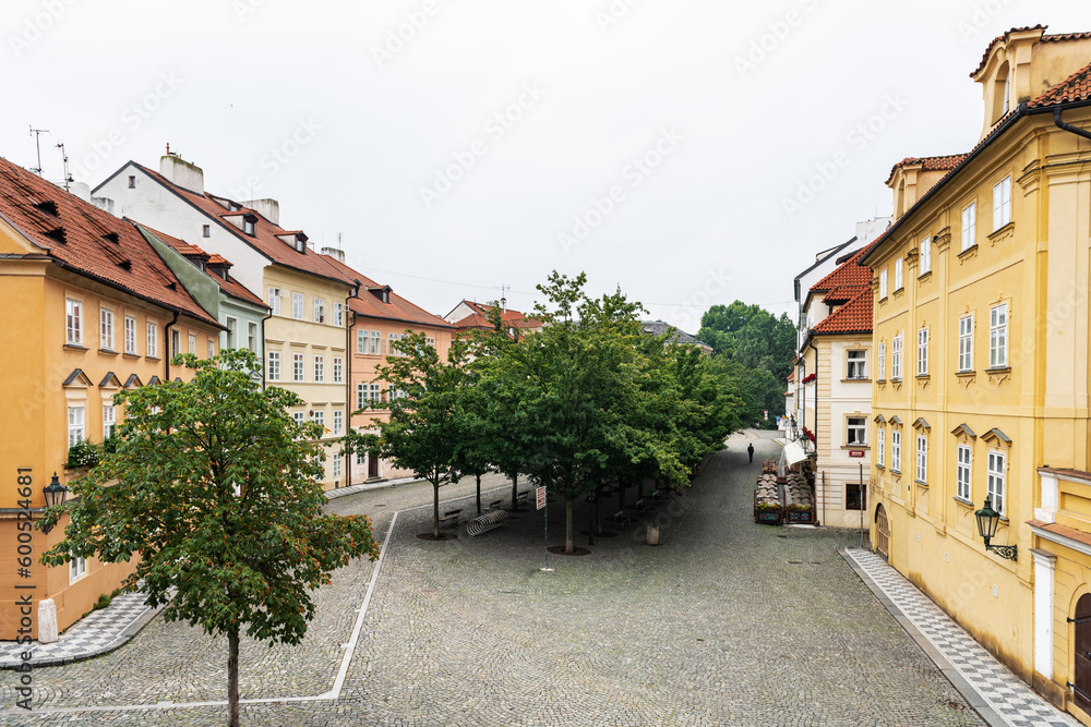 Wide-angle view of an empty square in the Kampa district in Prague, Czech Republic.