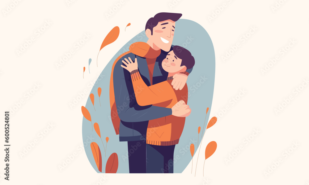 Happy Father's Day concept design. Happy Father hugging his son. Family , relationships, autumn, postcard.