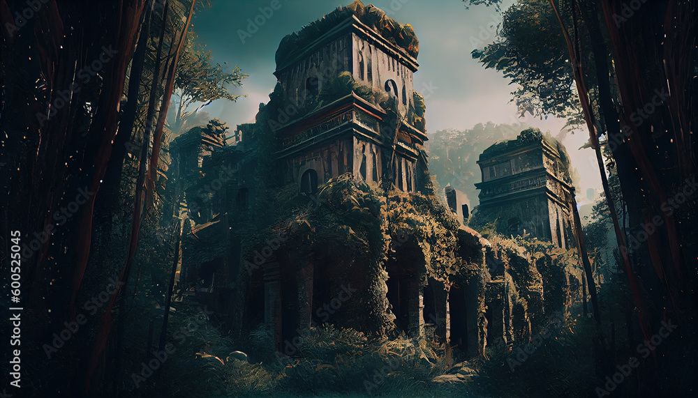 Ancient City Being Reclaimed With Forest Landscape AI Generative