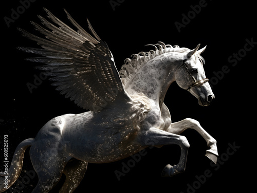 Pegasus with wings. Pegasus flying in the sky. black background. Generative AI. 