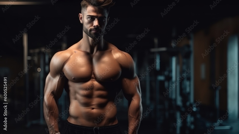A muscular gym man posing for the camera, six pack, shirtless ai, ai generative, illustration
