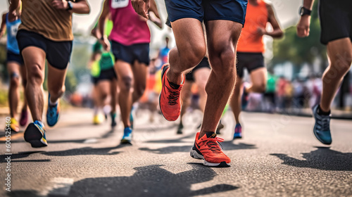 Close up of a Group of Men Runners Legs in a Road Race. Generative Ai