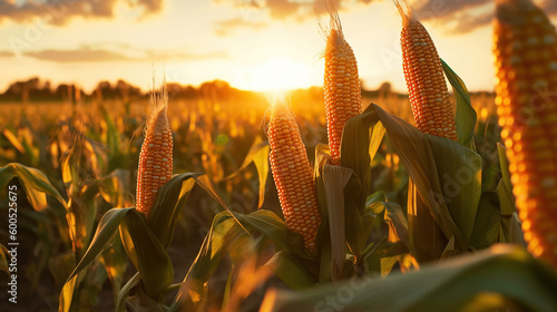 Fotografiet Corn cobs in corn plantation field with sunrise background