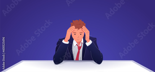 Vector illustration of an overworked man sitting at the table. The character holds his head with his hands, conveys the idea of fatigue from a huge number of cases, tasks. The man is confused.